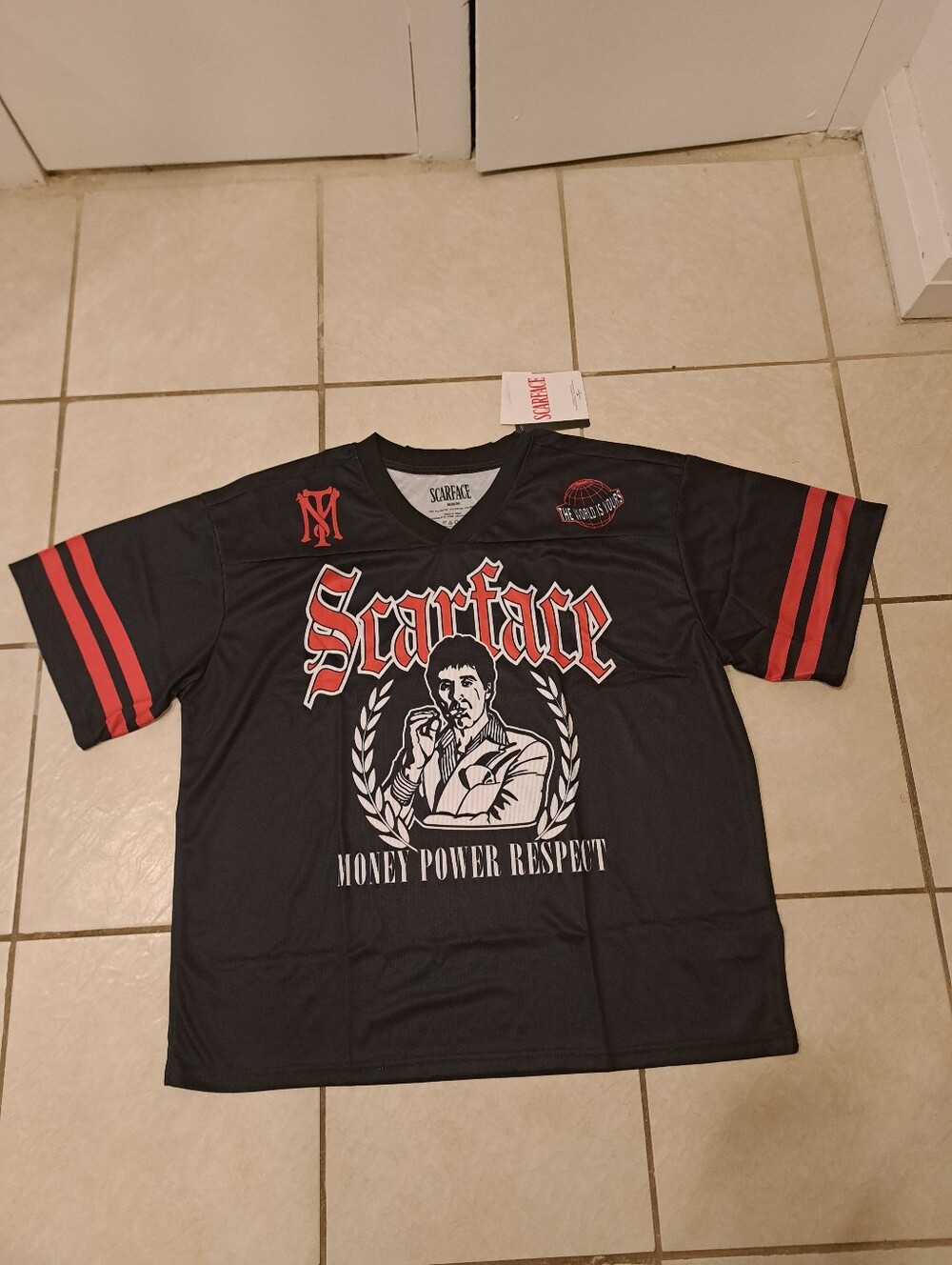 Men's Scarface "The World Is Mine" Graphic Mesh Jersey Black/Red NWT